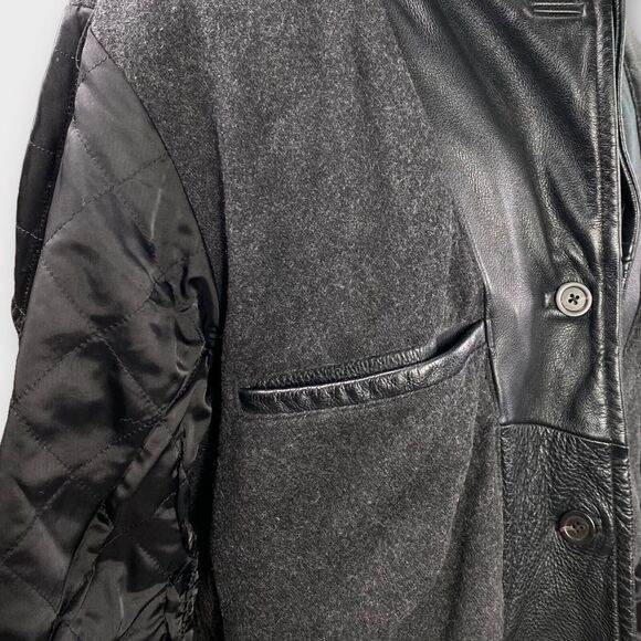 VINTAGE J Crew Jacket Mens Large Black Leather Wool Lined Quilted Heavy Coat - Picture 8 of 11